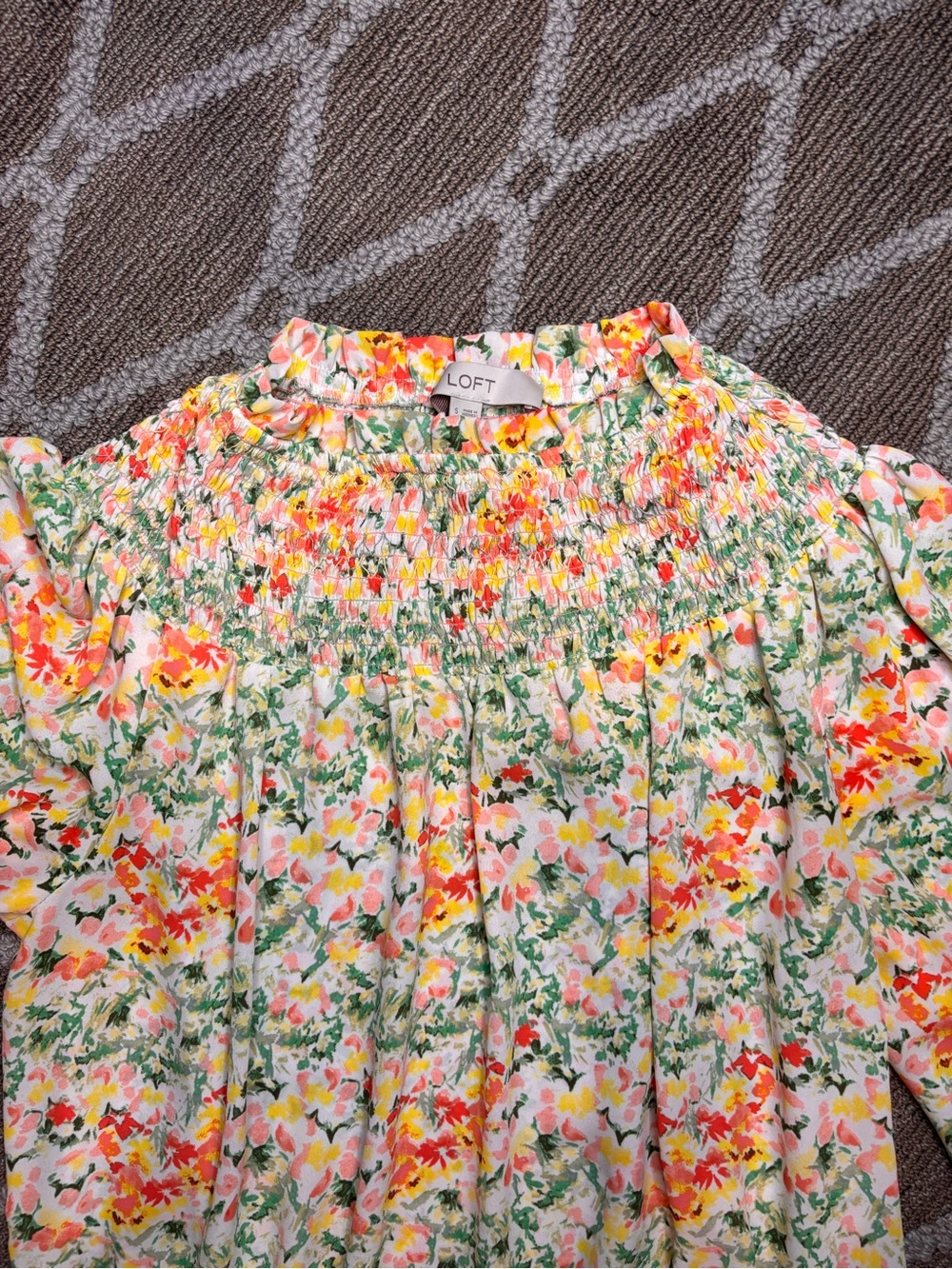 LOFT Floral Smocked Yoke Long-Sleeve Blouse - Yellow, Pink & Green - Picture 2 of 3